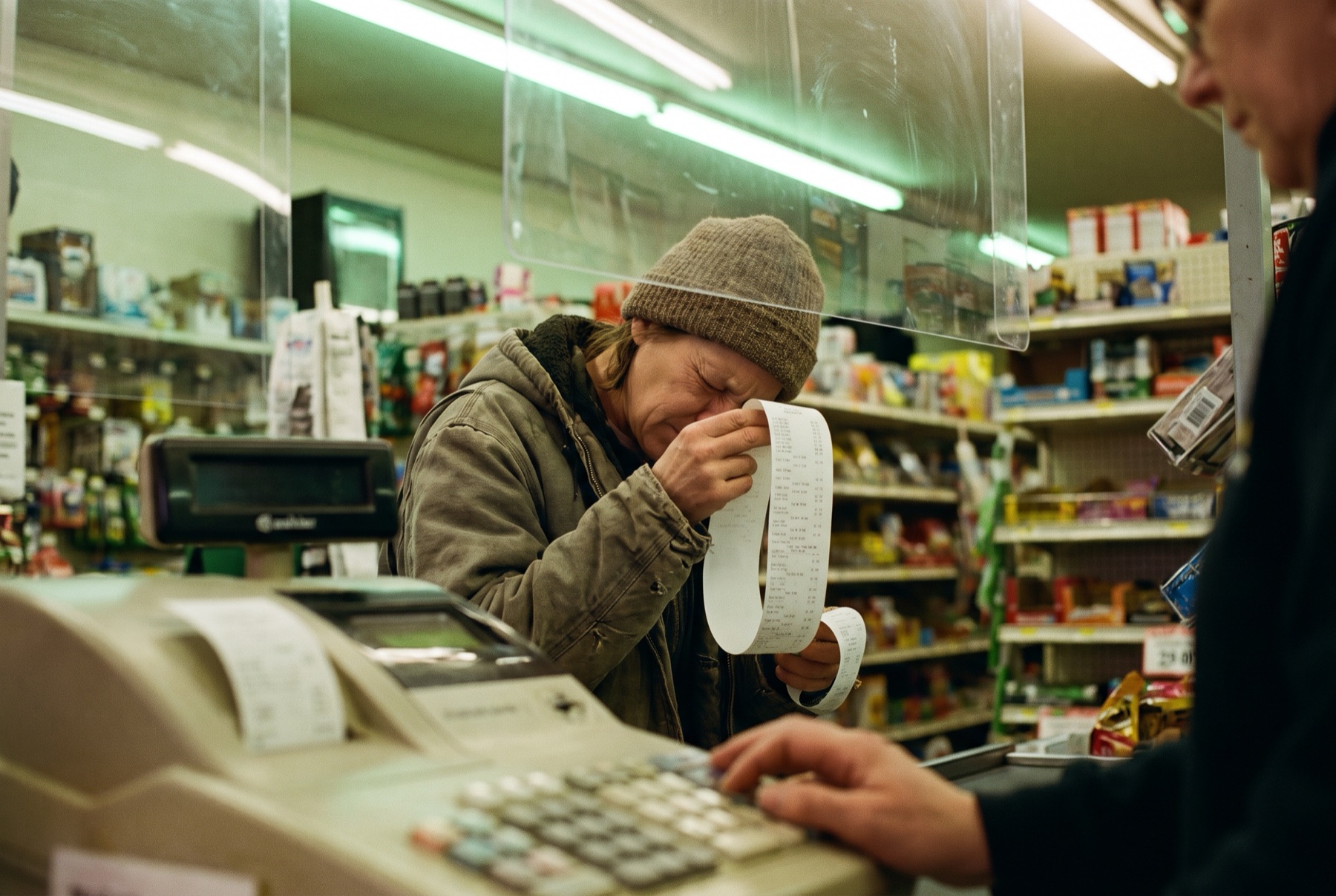 A shopper at a store checkout looking at a long printed receipt