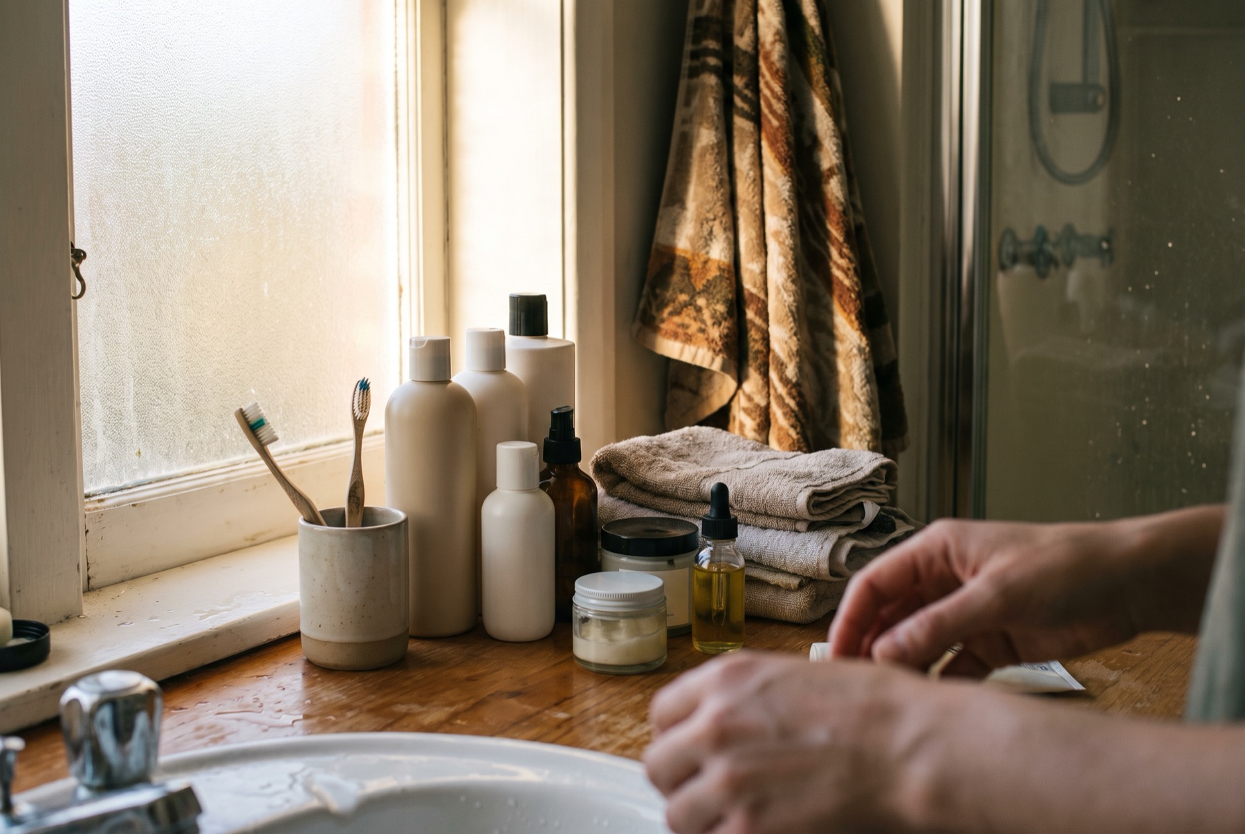 A bathroom counter with unbranded shampoo bottles
