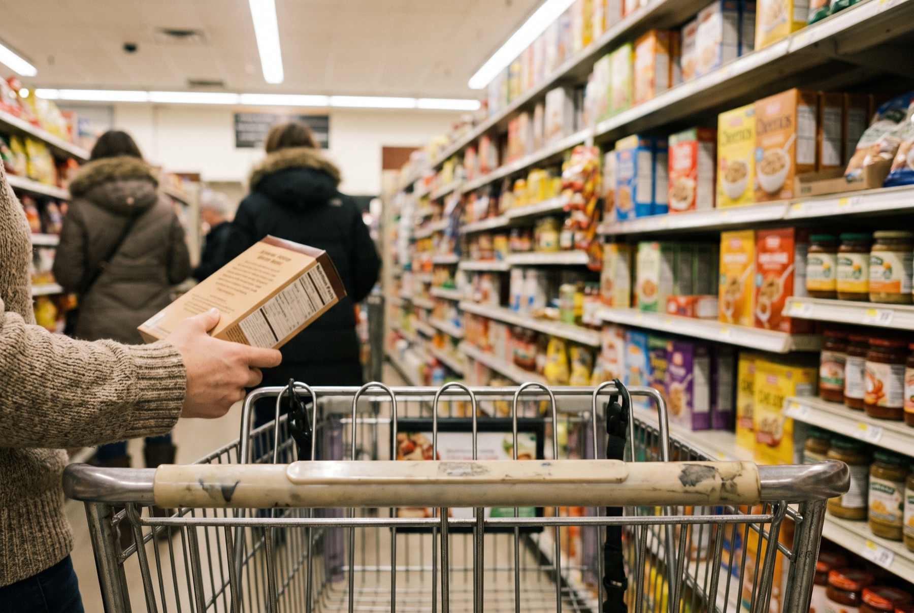 A grocery store aisle seen from a shopping cart handle