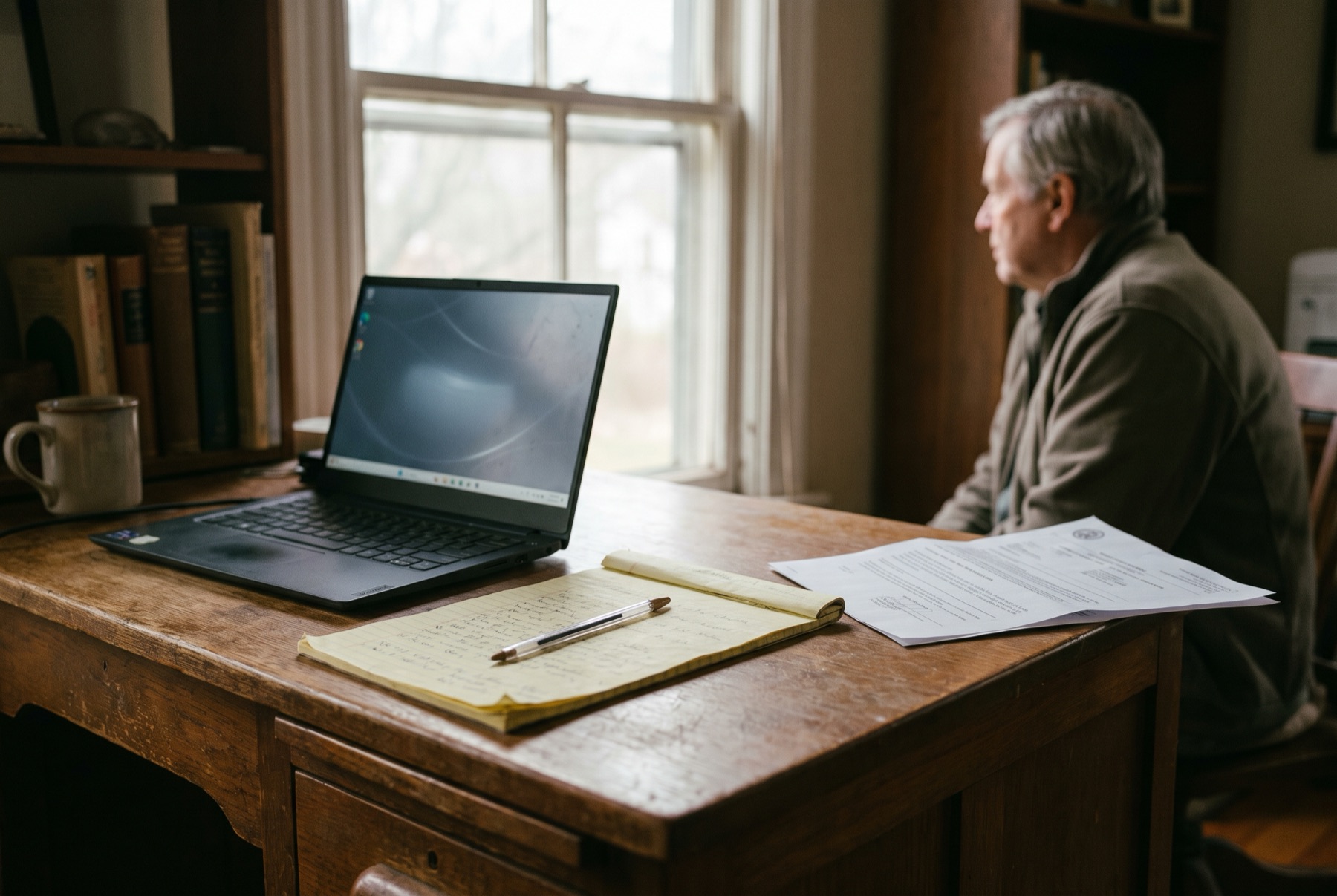 A reading desk by a window with an open laptop