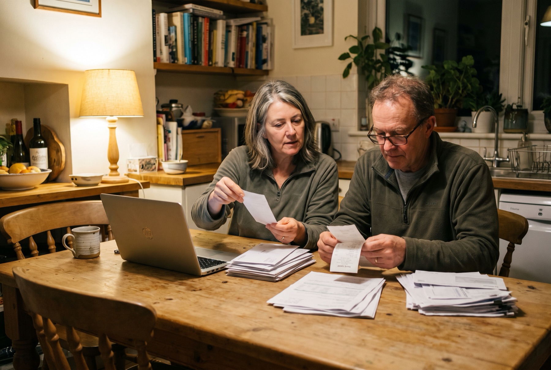 A couple in their fifties at a wooden kitchen table sorting through printed bank statements